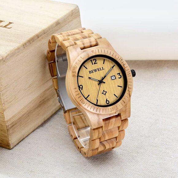✨ Bewell Analog Quartz Men Cream Wooden Handmade Movement Lightweight Watches - Picture 5 of 7